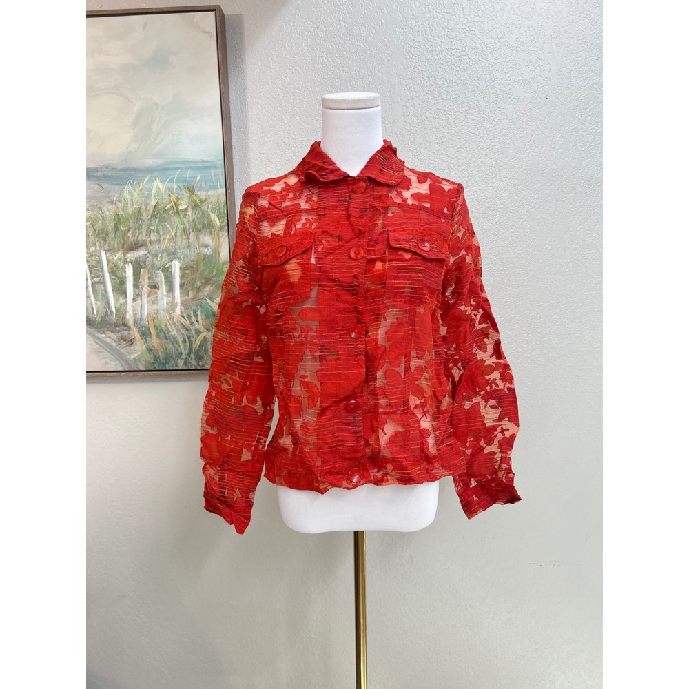 Red Floral Sheer Button Down Shirt Size S